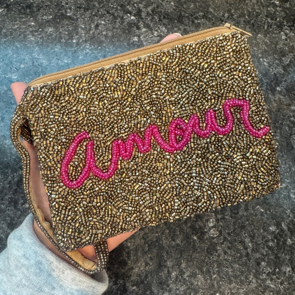 Moyna Amour Beaded Wristlet Clutch Bag Bronze Gold Pink Script Evening Pouch
